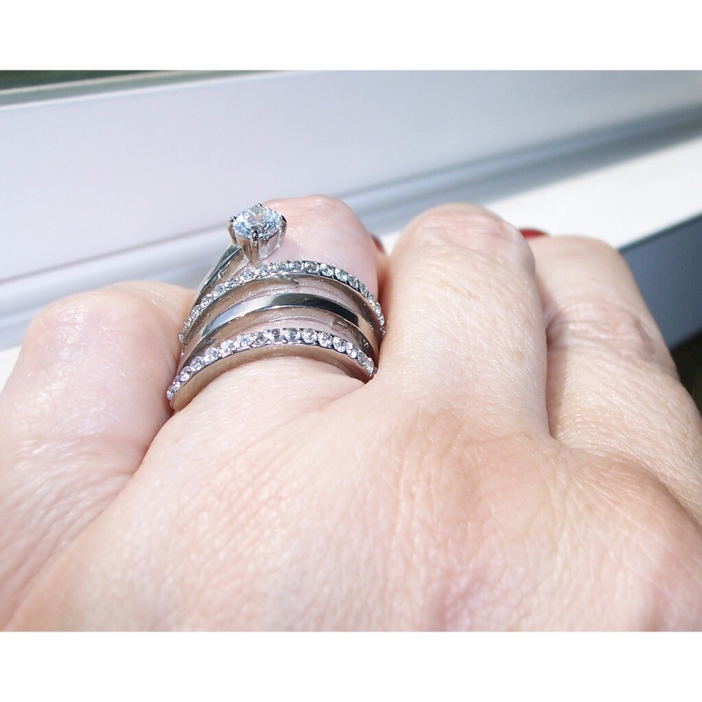 STAINLESS STEEL Unique Cubic Zirconia Swirl Statement Ring - Picture 4 of 14